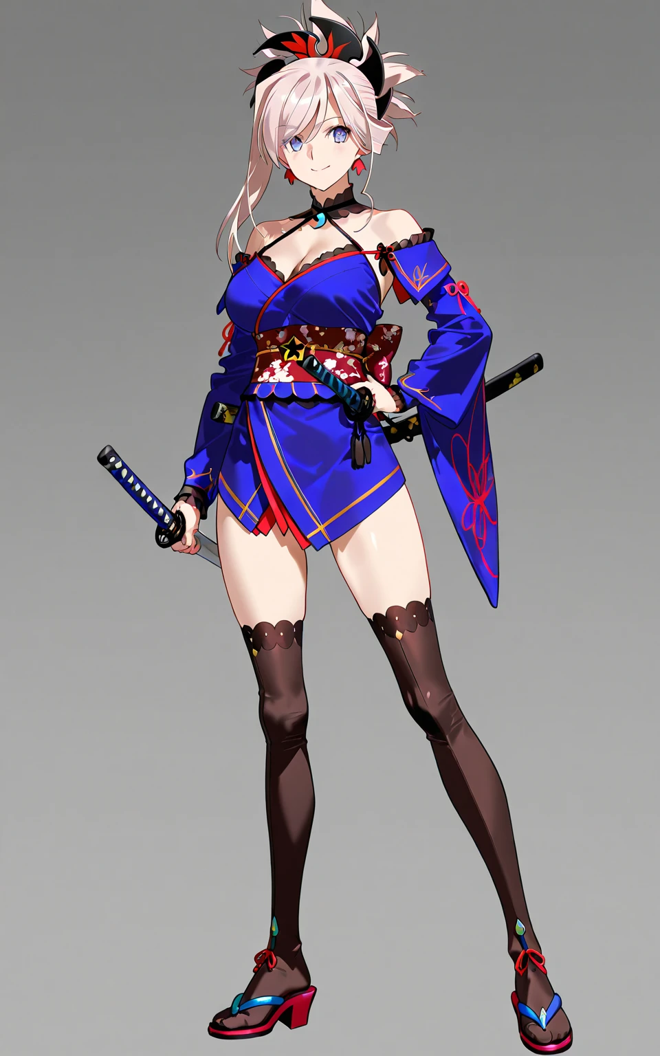 short kimono、black sleeves、No sleeve、kimono、Black kimono、hair ribbon、ponytail、floating hair、eyebrow hair、big breasts