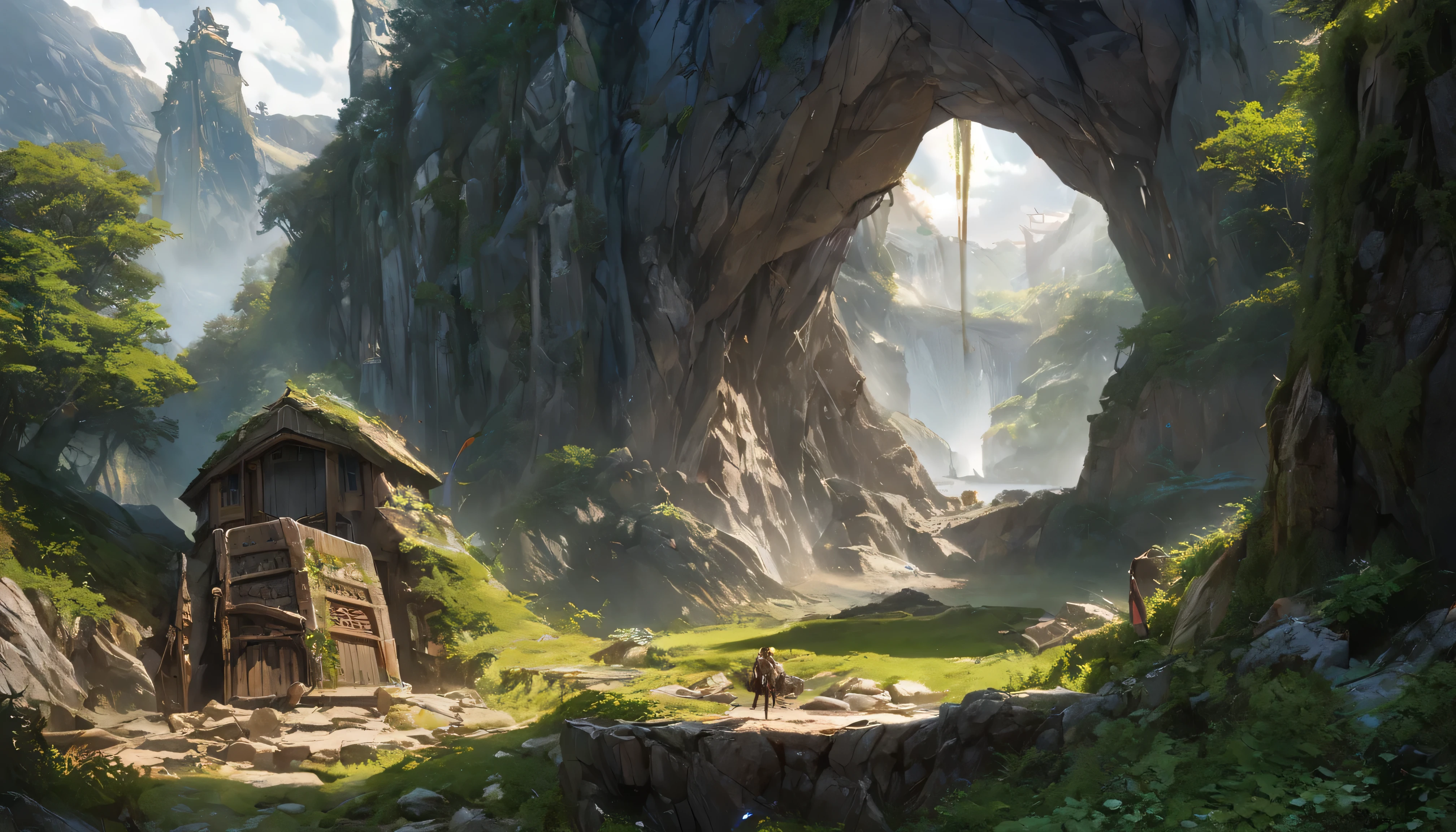 (anime: 1 . 5 , fantasy: 1 . 5), (detailed CG unity 8k wallpaper, best quality, photorealistic, masterpiece:1.2), (giant door between cliff, elven architecture, majestic), From Brian Froud and Carne Griffiths and Wadim Kashin and John William Waterhouse, fantasy, concept art, 8K post-production, high resolution, ultra sharp focus, HDR, intricate