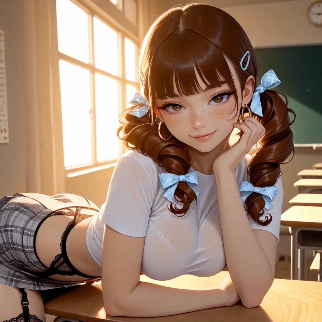 (masterpiece), best quality, expressive eyes, perfect face, front lighting, (inside classroom with window background), (sitting on desk), (seductive look), (cleavage view), (1girl, Nami, 18 years old, orange hair, long hair, twin pigtail braids hairstyle, brown eyes, hourglass figure, skinny body, thin body, petite_body, small breasts, wide hips, thick thighs), (white button shirt with front knot, croptop, short sleeve, exposed cleavage, red plaid pleated skirt, white stockings),