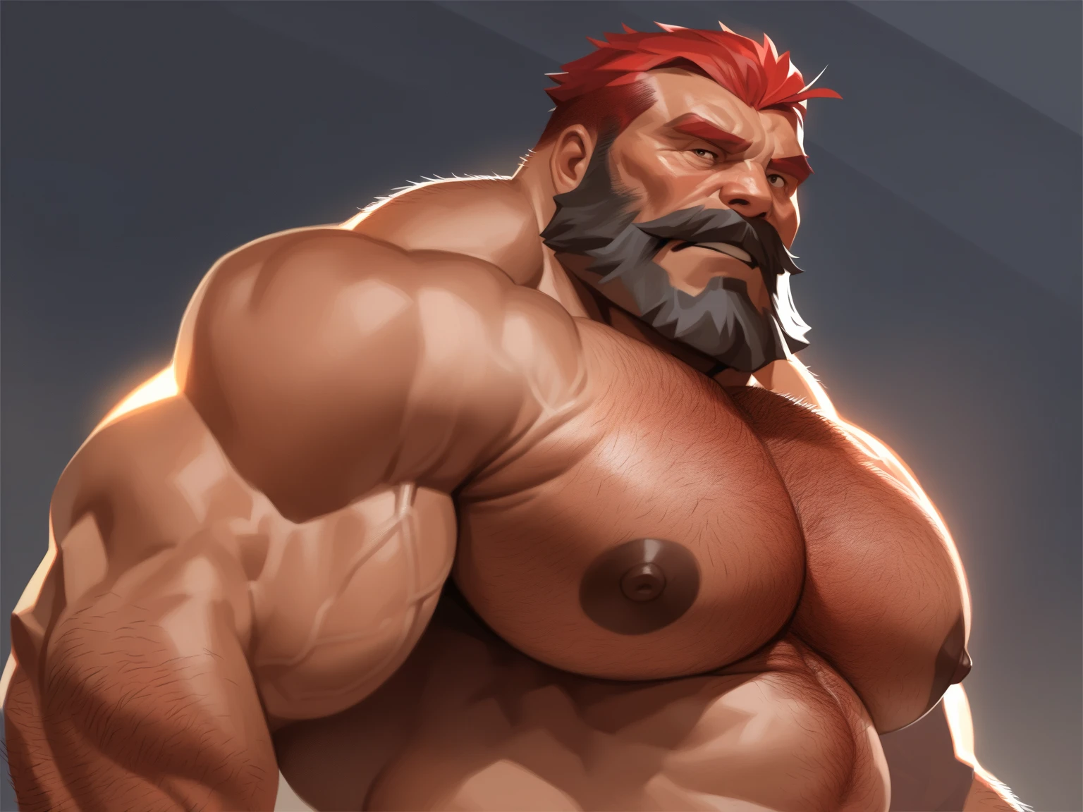 solo, 1boy, perfect anatomy, perfect proportion. Huge Muscular Old man, mad, looking to viewer, pectoral, thick arms, huge pectoral, wide pectoral, short white hair, red beard and hair, simple background, masterpiece, realistic:1.2, high detailed, 8k, high resolution, perfect center, full view. ((really big muscle, massive muscular, sixpack, thick arms, wide pectoral, super huge muscle, hyper muscular, over sized muscle, huge arms, big arms, huge pectoral))