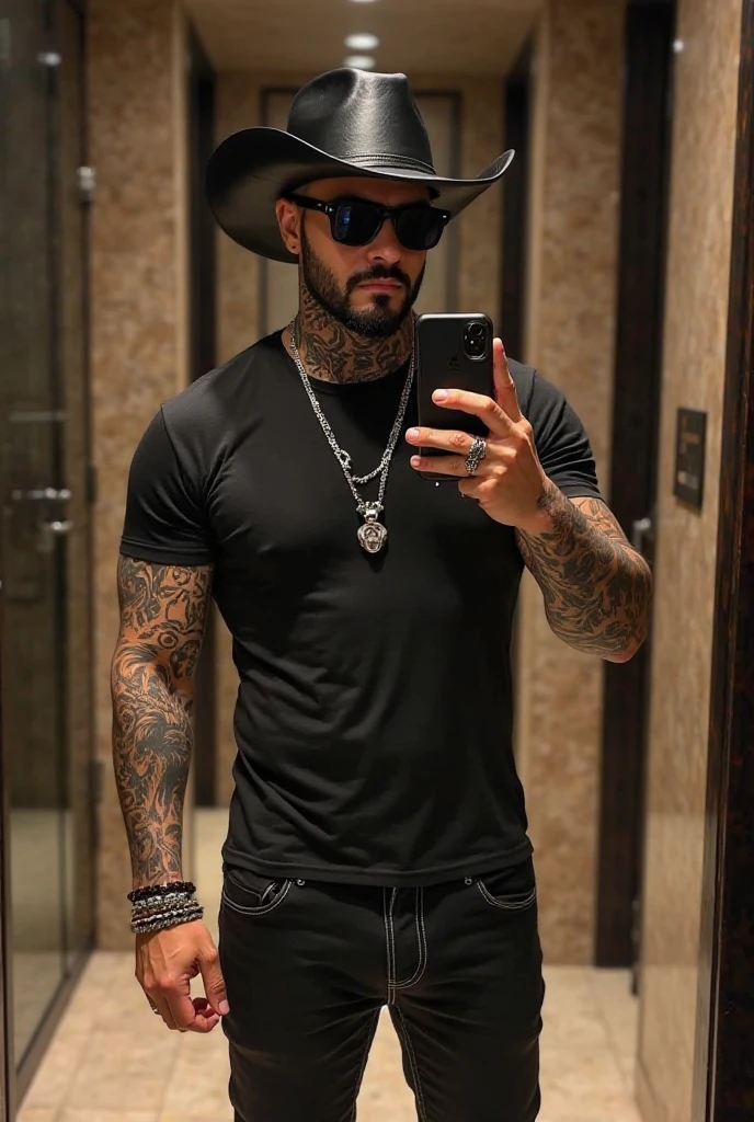 muscular,tattooed man with a thick beard and mustache,bearded and mustached man,strong and rugged man with a muscular physique,dark and brooding eyes,masculine and rugged features,strong jawline with a chiseled face,rippling muscles and bulging veins,bulky and powerful arms,striking presence and intense gaze,masculine facial hair and stubble,intricate tattoos covering his arms and chest,dressed in a fitted black leather jacket,a confident and commanding posture,posing with a motorcycle in a dimly lit alleyway,background filled with shadows and urban graffiti,gritty and rugged atmosphere,evoking a sense of power and mystery,dramatic lighting emphasizing the contours of his face and muscles,deep and intense shades of black and gray,contrasting with the vibrant colors of his tattoos and the bright headlights of the motorcycle.