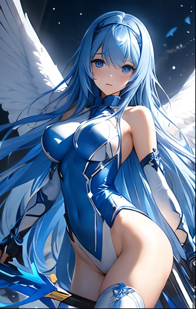 ((masutepiece, Best Quality)),Photography, Detailed skin, Realistic, Photorealsitic, 8K, Highly detailed, full length frame, High Detail RAW Color Art, diffused soft lighting, Shallow depth of field, Sharp Focus, 
Edge Garuda_Dress, White and Blue Bird_Woman with spread wings ,Light blue long hair、Twin-tailed、Wearing Edge Garuda_Dress