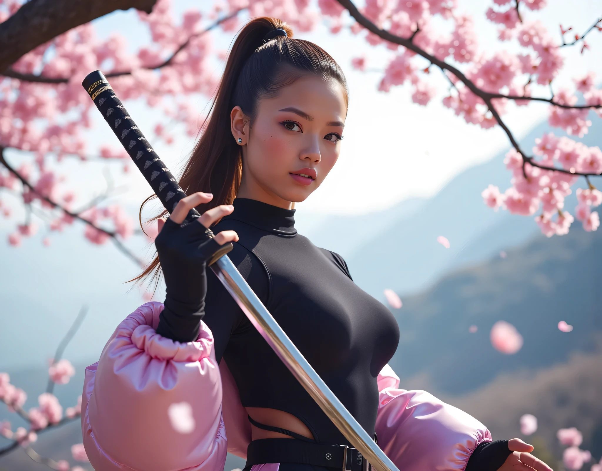 8k hyper-realistic full-body portrait, head-to-toe view: a slim female ninja, 'Freezing the Moment of Your Cherry Blossom Dream.' Full-bloom ((cherry blossoms cascade like snow)), stirred by a freshly cut branch at her feet. Sleek ponytail, soft ((freckles)), mesmerizing eyes, provocative smile to viewer. Combat-effective ninja attire & modern design: matte-black tactical bodysuit, subtle armor, metallic-pink puffer jacket (partially unzipped), sexy latex leggings, suggestive pose. ((Right hand grips visible katana)), readiness emphasized. ((Katana blade reflects light, sharp edge)). Left hand catches petal, dynamic contrast. Symmetry & balance, martial prowess. Cherry blossom tree arches overhead, depth. Photorealistic clarity: eyes, skin, clothing, katana details. Cinematic lighting, shadows & highlights, first rays of morning sun. Background view: blur of a Japanese Temple hooked on a foggy valley between mountains in spring morning light. Holographic cherry blossoms bloom beneath skyscrapers, expressing the romance of future cities.