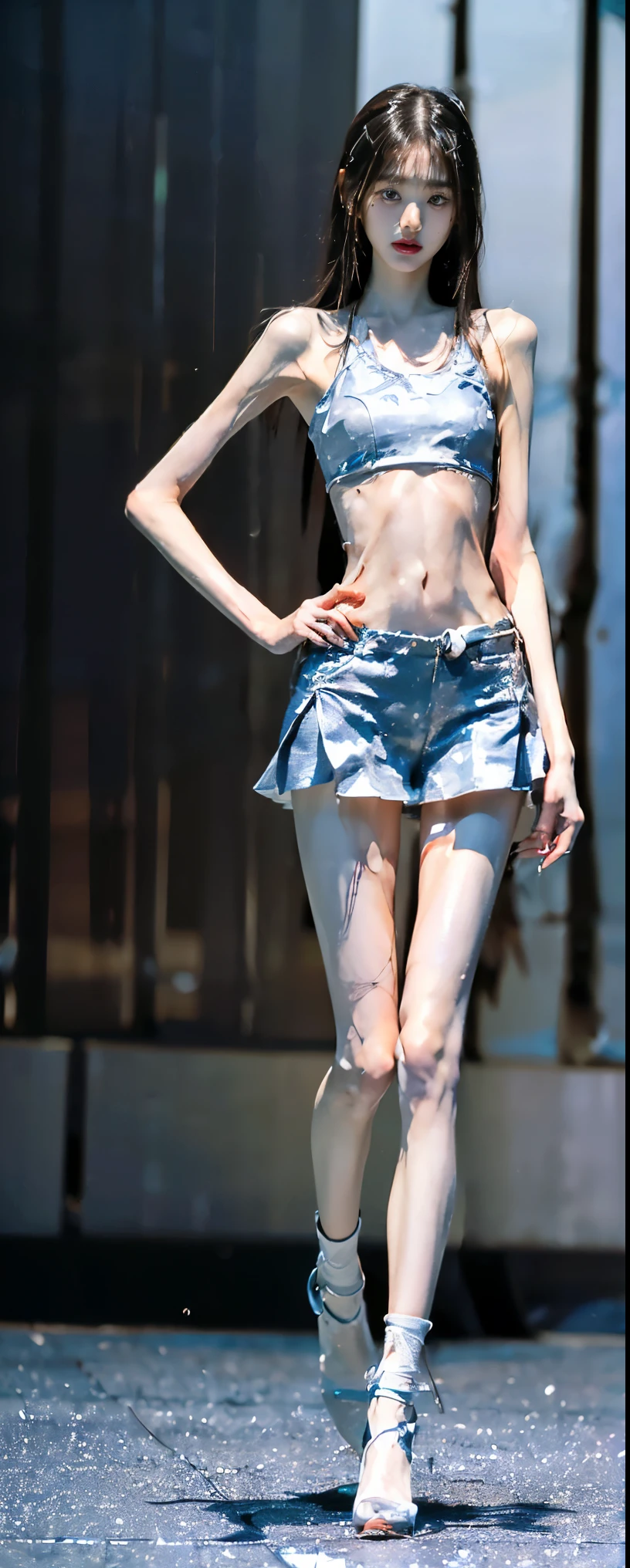 Beautiful cyber girl looking at camera, underwear, Detailed muscles, Realistic masterpiece, Silver short hair，(Super beautiful)、(Pretty Face:1.5)、(Delicate face)、(beautiful eyes)、Perfect round eyes、(Lip detail)、lipstick、(Huge high-tech catwalk: 1.5)，(There was only one female model at the catwalk)，Realistic images，8K, Ultra high quality, masterpiece, precise, Textured Skin, High Detail, best quality, Awards，((Long-range shooting，Sense of distance，Full body image))
