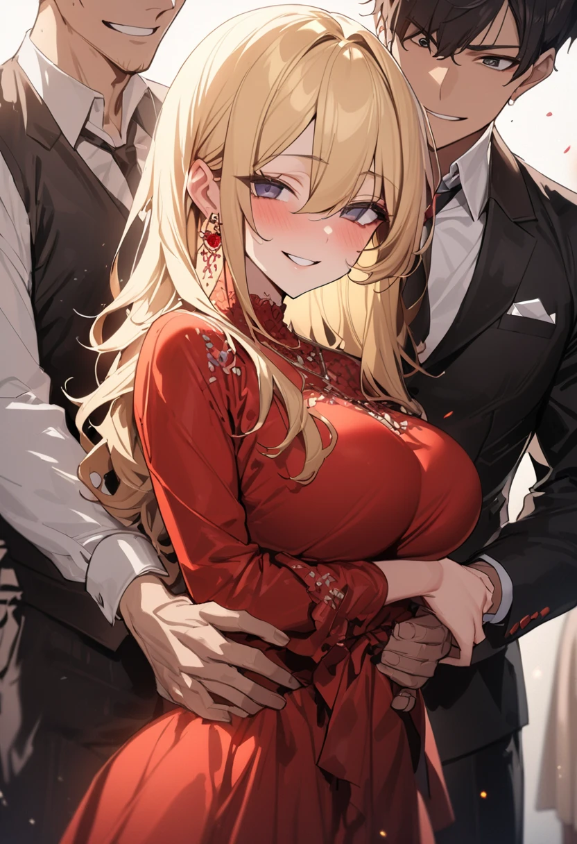 A woman with big ，(Gorgeous woman)，Gorgeous red Rococo dance dress，Long blond hair，Delicate accessories，Protruding lower chest，(transparent)，((See-through clothes))，Chest sheer，(Blush:1.2)，Prom，Dance with a man，