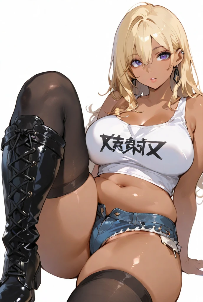 1girl, solo, long hair, breasts, looking at viewer, bangs, blue eyes, large breasts, shirt, hair ornament, thighhighs, long sleeves, hat, navel, animal ears, bare shoulders, sitting, underwear, jacket, full body, white shirt, grey hair, thighs, boots, parted lips, open clothes, shorts, sleeveless, alternate costume, choker, midriff, black thighhighs, off shoulder, stomach, black footwear, high heels, black jacket, crop top, animal ear fluff, short shorts, sleeveless shirt, thigh boots, highleg, black choker, halo, denim, extra ears, cross-laced footwear, high heel boots, blue shorts, denim shorts, lace-up boots, open fly, cutoffs, brick wall, micro shorts