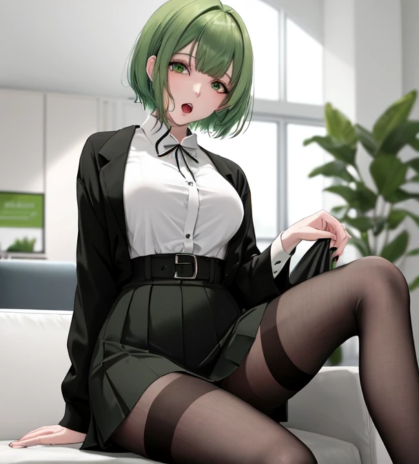 {best quality}, {very aesthetic}, {ultra-detailed}, {best illustration}, woman,{{green hair}},{{long ponytail}},{pink eye},pov,((orgasm face)),(steam),1woman,(lace panties),((under black pantyhose)),(white nurse),from below