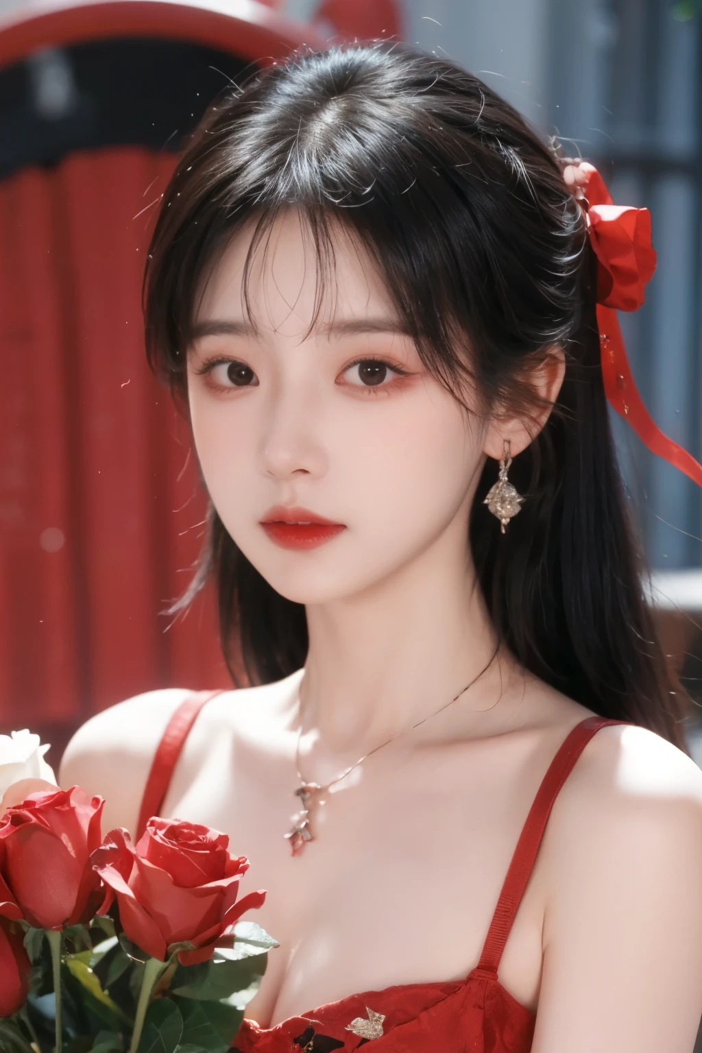 ( masterpiece, highest quality:1.2), 8,000, 85 mm, original photo, confuse, hair, red ombre dress, Delicate girl,shiny skin, , watching the audience, HDR, clear focus, shiny skin, small eyes and face , Rose background, Surrounded by roses、earrings、 necklace、clavicle、Straight long hair、Big breasts, sun,Man in a bunch of roses