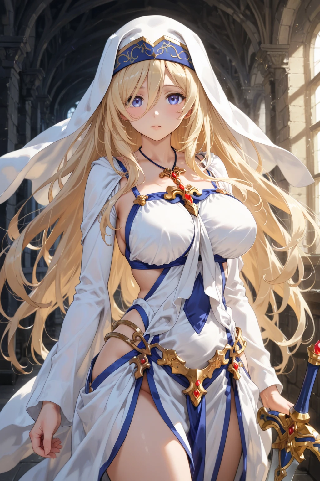 , beautiful girl, raiden from goblin slayer, beautiful, sexy, tall, yellow hair, white clothes, big boobs, sword, cinematic, dramatic pose, Wearing blindfold, , goblins