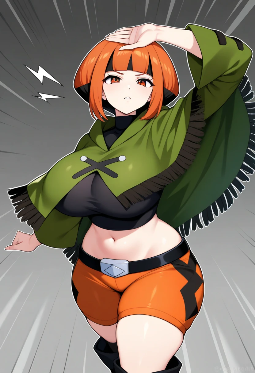 Mii gunner,masterpiece, brown hair, huge breasts, crop top, thick thighs, thong, wide hips, slim waist, round breasts, neutral expression, simple background, glistening skin, cleavage, jacket, tactical