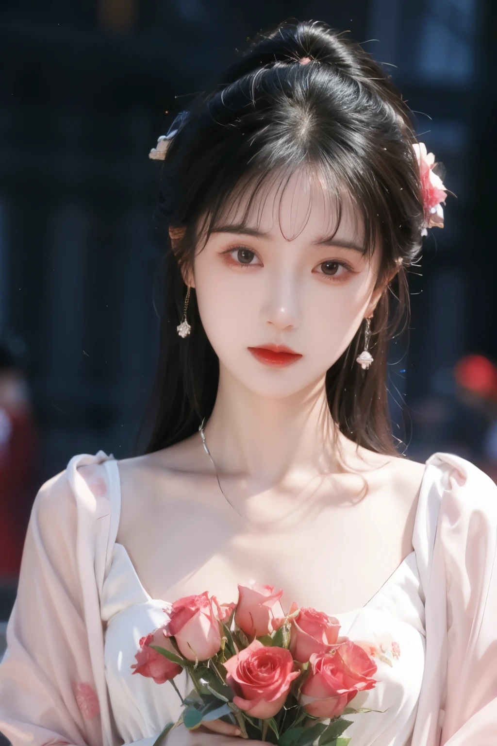 ( masterpiece, highest quality:1.2), 8,000, 85 mm, original photo, confuse, hair, red ombre dress, Delicate girl,shiny skin, , watching the audience, HDR, clear focus, shiny skin, small eyes and face , Rose background, Surrounded by roses、earrings、 necklace、clavicle、Straight long hair、Big breasts, sun,Hanfu,Man in a bunch of roses