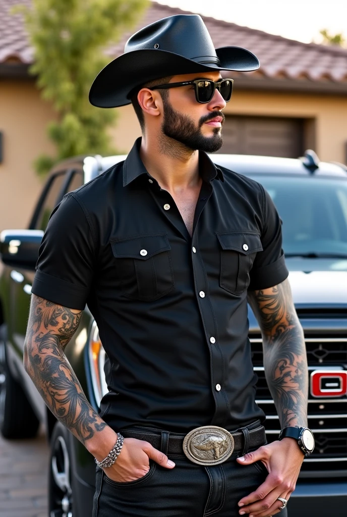 American ethnicity Storm Chaser guy from Del Rio, Black hair, Cowboy hat, collared shirt, large belt buckle, driving a big rig, sitting in driver's seat, holding steering wheel, selfie