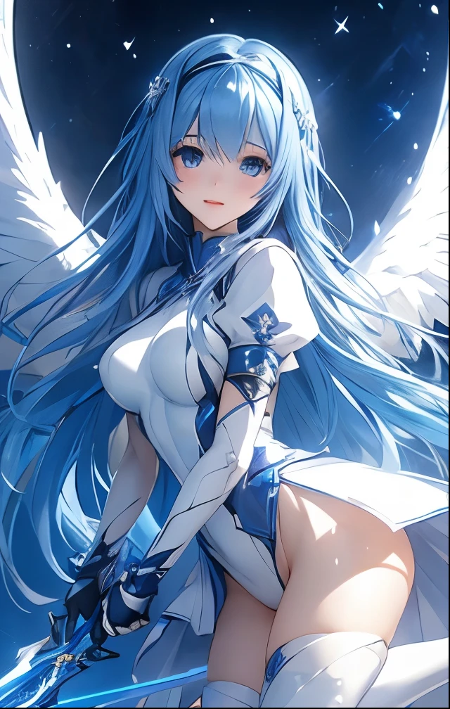 (((SFW、Highest quality、 first class masterpiece 、 Normal Body 、32k、 Detailed Faces 、super precise、 normal hand、5refer to、Highest)))Kamiki Exile、pretty girl、Blue and silver hair、Glowing Hair 、long hair、headband、beautiful breasts、slender、 slim、Petite、 can be used、Blue and White Hi-Leg Leotard Armor、Side skirt armor、Holy Sword、Two Pairs of Angel Wings、Smile、Gliding