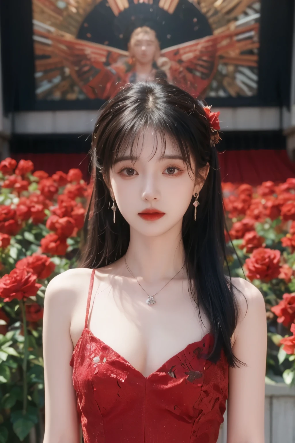 ( masterpiece, highest quality:1.2),  8,000, 85 mm, original photo, confuse, hair, red ombre dress, Delicate girl,shiny skin, , watching the audience, HDR, clear focus, shiny skin,  small eyes and face , red rose background, Surrounded by roses、earrings、 necklace、clavicle、Straight long hair、Big breasts,  sun，Man in a bunch of roses，
