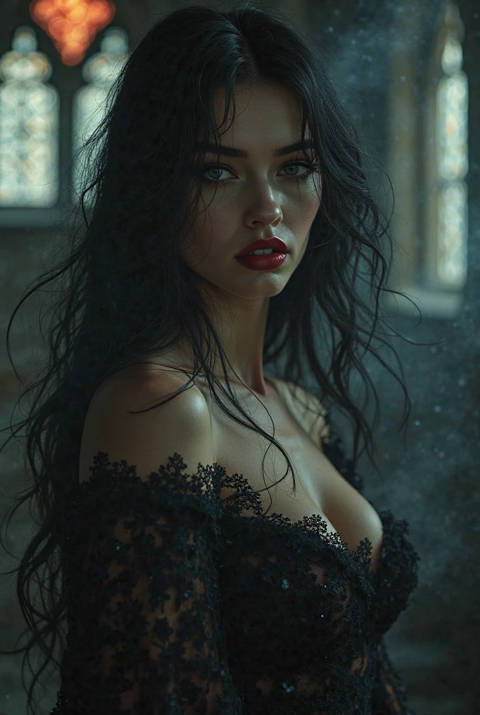 (photorealism:1.2), russian beautiful woman, big tits, dark cloudy day, long curly hair,realistic, intricate details,by Greg Rutkowski, by Alphonse Mucha