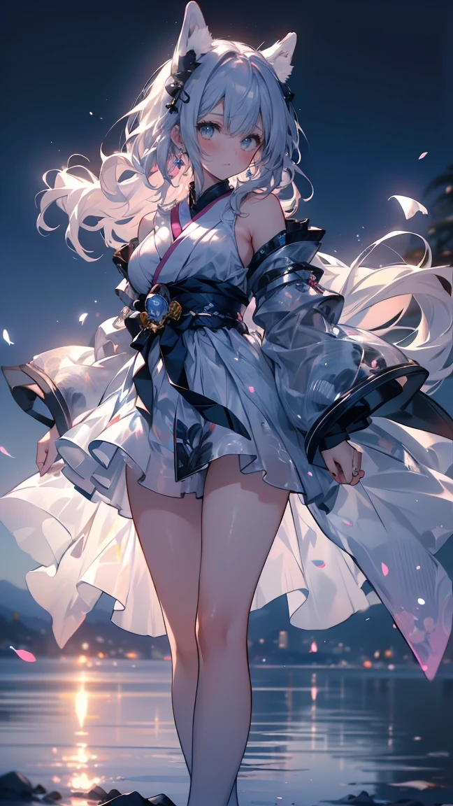 Detail image, realistic image, 1 girl. She has white hair, loose and very long. She has pink eyes. She is wearing a short white dress, pleated mini skirt, thin thong. She is barefoot. Smiling. Medium tits, small waist, wide hips, thick legs. Full body view. Snowflake. White background, uniform background. Ambient light. Volumetric light