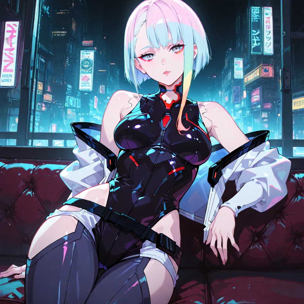 (masterpiece, best quality:1.2), cyberpunk, solo, 1girl, cplucy, expressionless, looking at viewer, sitting, crossed legs, jacket, open jacket, black leotard, bare shoulders ,naked ,show tits