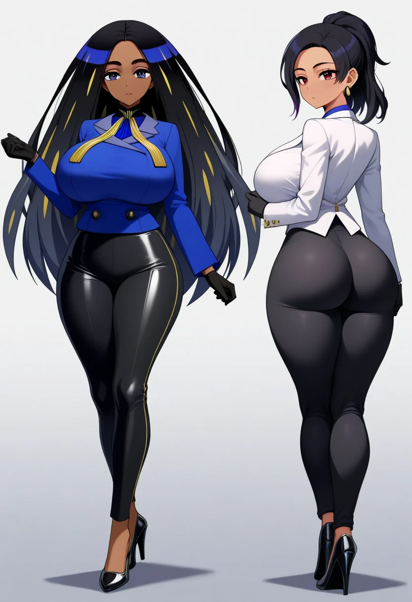 2girls, dark-skinned females, dark-skinned female, female, dark body, dark skin, large breasts, breasts, wide hips, white hair, long hair, yellow eyes, futuristic, science-fiction, tech, pantyhose, black pantyhose, bodysuit, black bodysuit, white trim, smile, smirk, smug, full body, ((full body))