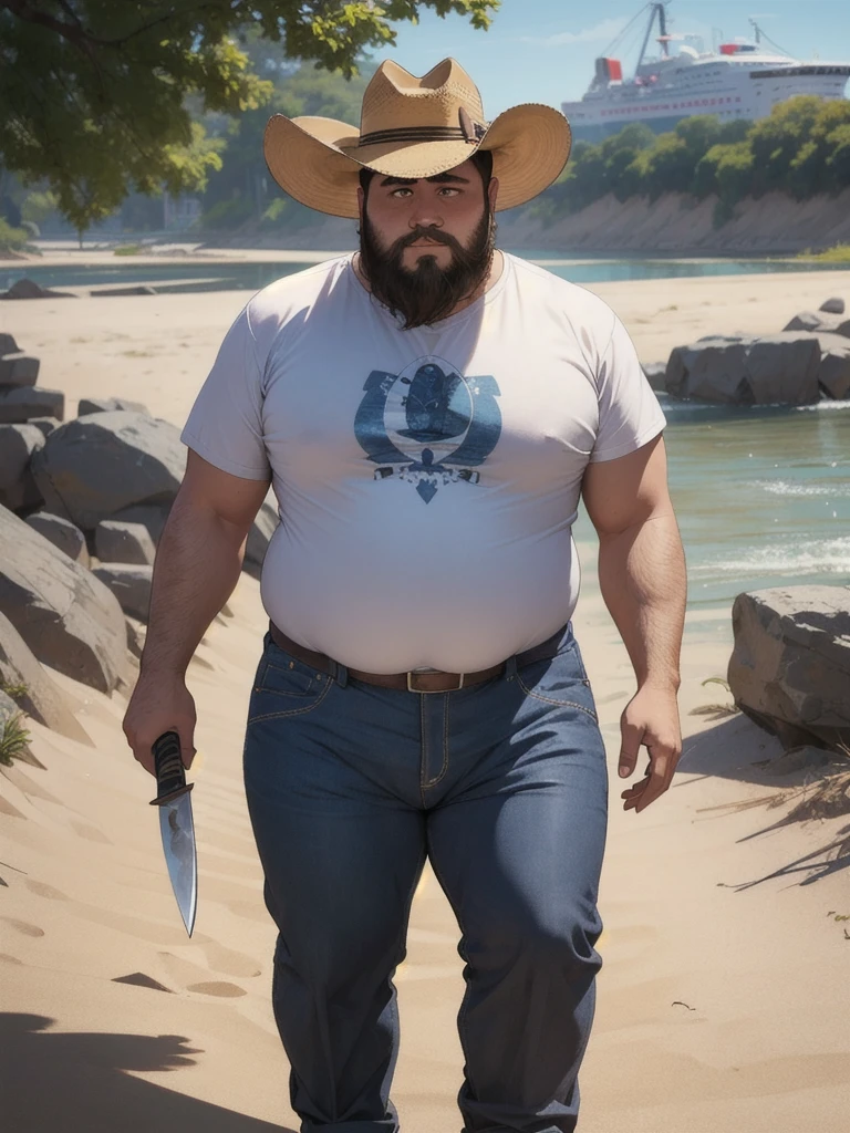 A painting of an insanely handsome hunky 40s sexy attractive hunk fisherman by the ocean, full body, very hairy body, big beefy man, ripped checkered, exposed hairy body, tanned, raunchy, toned body, beach, summer, sunny, soft lighting, muscular, extremely charming, kind smirk, dimple, fishing tools, boats, fish by Craig Mullins, Greg Rutkowski, painterly style, central composition, big nose, big hands, light brown hair, insanely handsome.