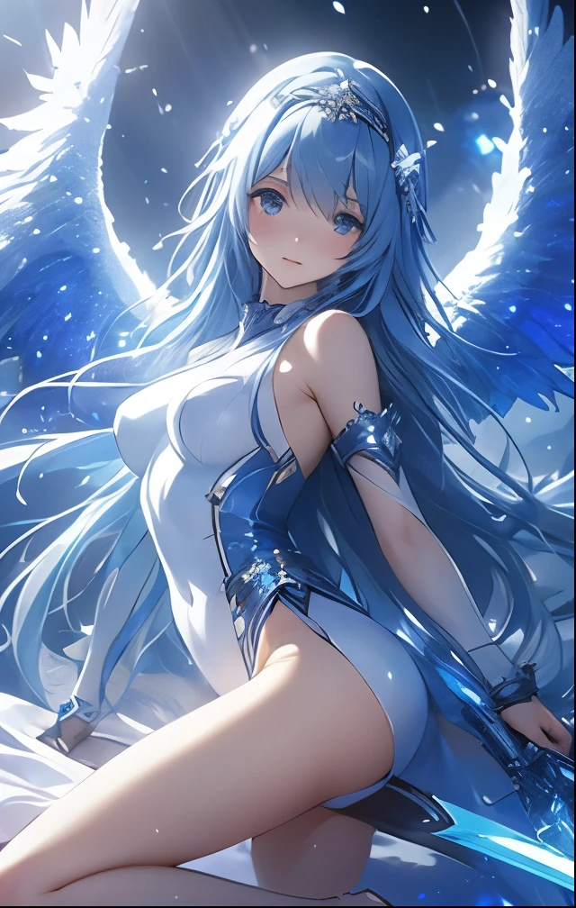 (((SFW、Highest quality、 first class masterpiece 、 Normal Body 、32k、 Detailed Faces 、super precise、 normal hand、5refer to、Highest)))Kamiki Exile、pretty girl、Blue and silver hair、Glowing Hair 、long hair、headband、beautiful breasts、slender、 slim、Petite、 can be used、Blue and White Hi-Leg Leotard Armor、Side skirt armor、Holy Sword、Two Pairs of Angel Wings、Smile、Gliding、Vanisher