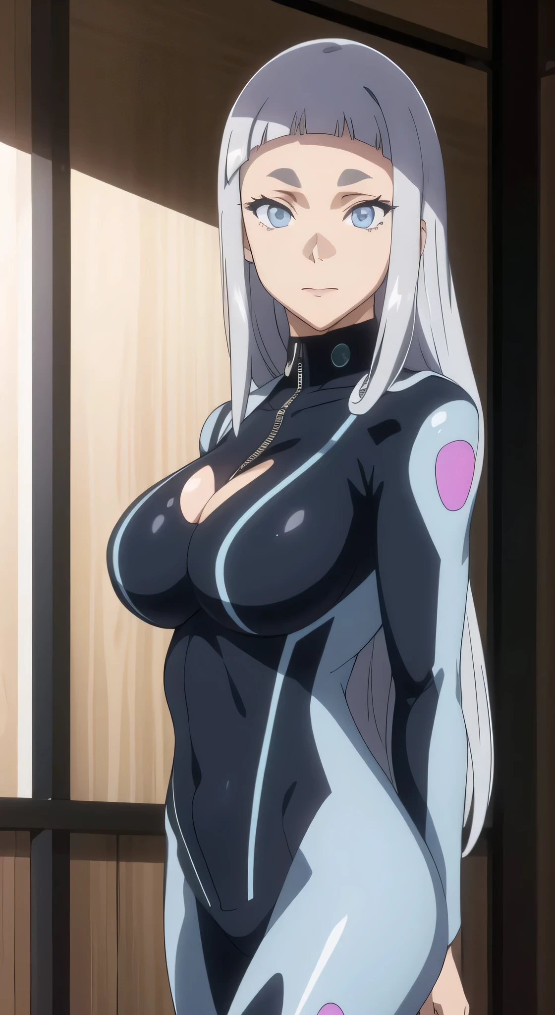 professional artwork, Intricate Details, field of view, sharp focus, detailed painting, photorealistic lighting, trending on pixiv, Standing at attention, sky blue bodysuit, tight bodysuit, ((huge breasts:1,3)), revealed skin, cleavage, black latex bodysuit zip half opened, tight bodysuit, shiny bodysuit, Beautiful body,Beautiful Nose,Beautiful character design, perfect eyes, perfect face, looking at viewer, NSFW,official art,extremely detailed CG unity 8k wallpaper, perfect lighting,Colorful, Bright_Front_face_Lighting, (masterpiece:1.0),(best_quality:1.0), ultra high res,4K,ultra-detailed, photography, 8K, HDR, highres, absurdres:1.2, Kodak portra 400, film grain, blurry background, bokeh:1.2, lens flare, (vibrant_color:1.2), shikkoku_yorihime, (seductive look, flirting, sexy), ((looking at viewer, front body pose))