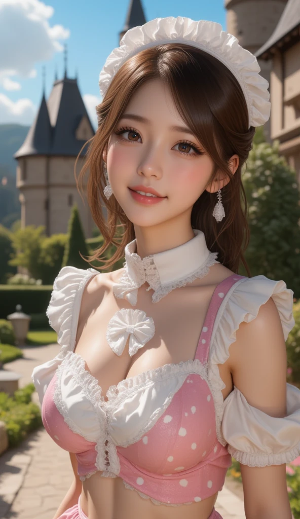 (best quality,highres),voluptuous woman with average hair, young, lolita style, vibrant colors, porcelain skin, expressive eyes, playful smile, alluring charm, vintage fashion, dreamy atmosphere, soft lighting, intricate details,pink nipples,areola is very big