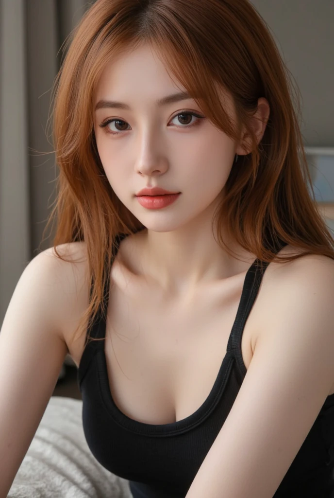 close-up of beautiful korean female, 34 inch breasts size, wearing orange striped tank top, making coffee, in the kitchen, sun shining, UHD