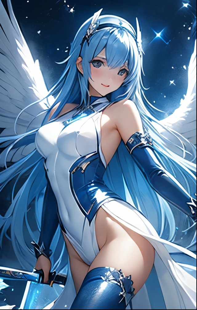WZJBXZH，（（（Blue long hair，Long hair，blue hairs，Exquisite facial features, Beautiful face, Erotic, Enchanting,Blue eyes，Charming, Alluring, Seductive, Long hair covers the body ）））,((Masterpiece)),A high resolution, ((Best quality))，tmasterpiece，top-quality，best qualityer，（（（ looking at viewert, There is light in the eyes））），（（（Light and shadow interlace，white skinned，laughingly，self-assured）））