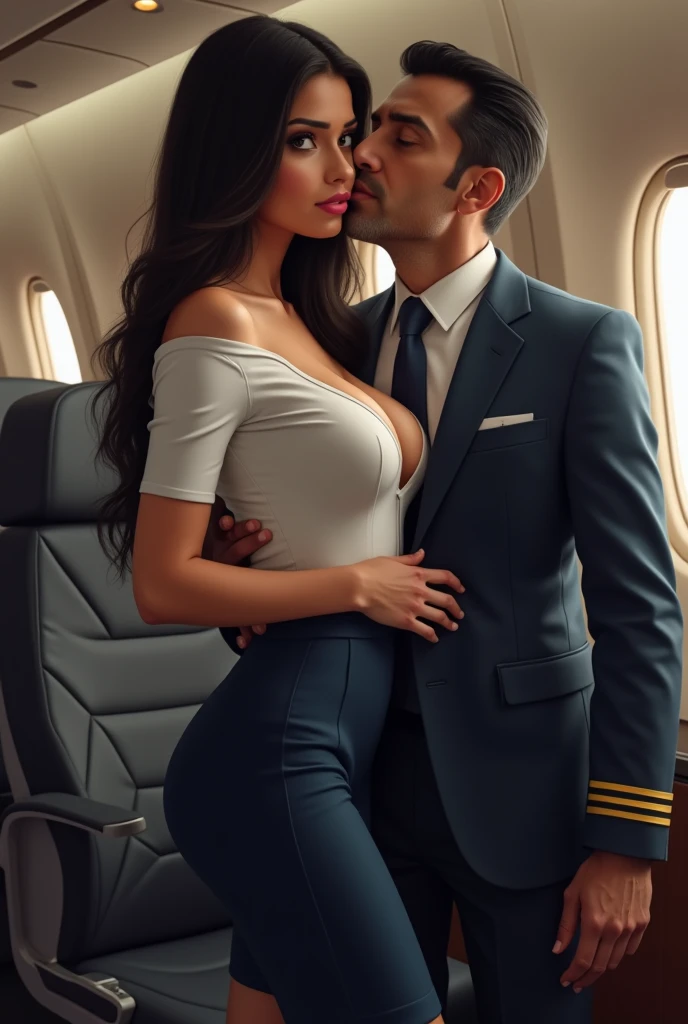 a strong man in his pants and attractive and handsome on top of an attractive and sexy woman in an airplane having a passionate moment