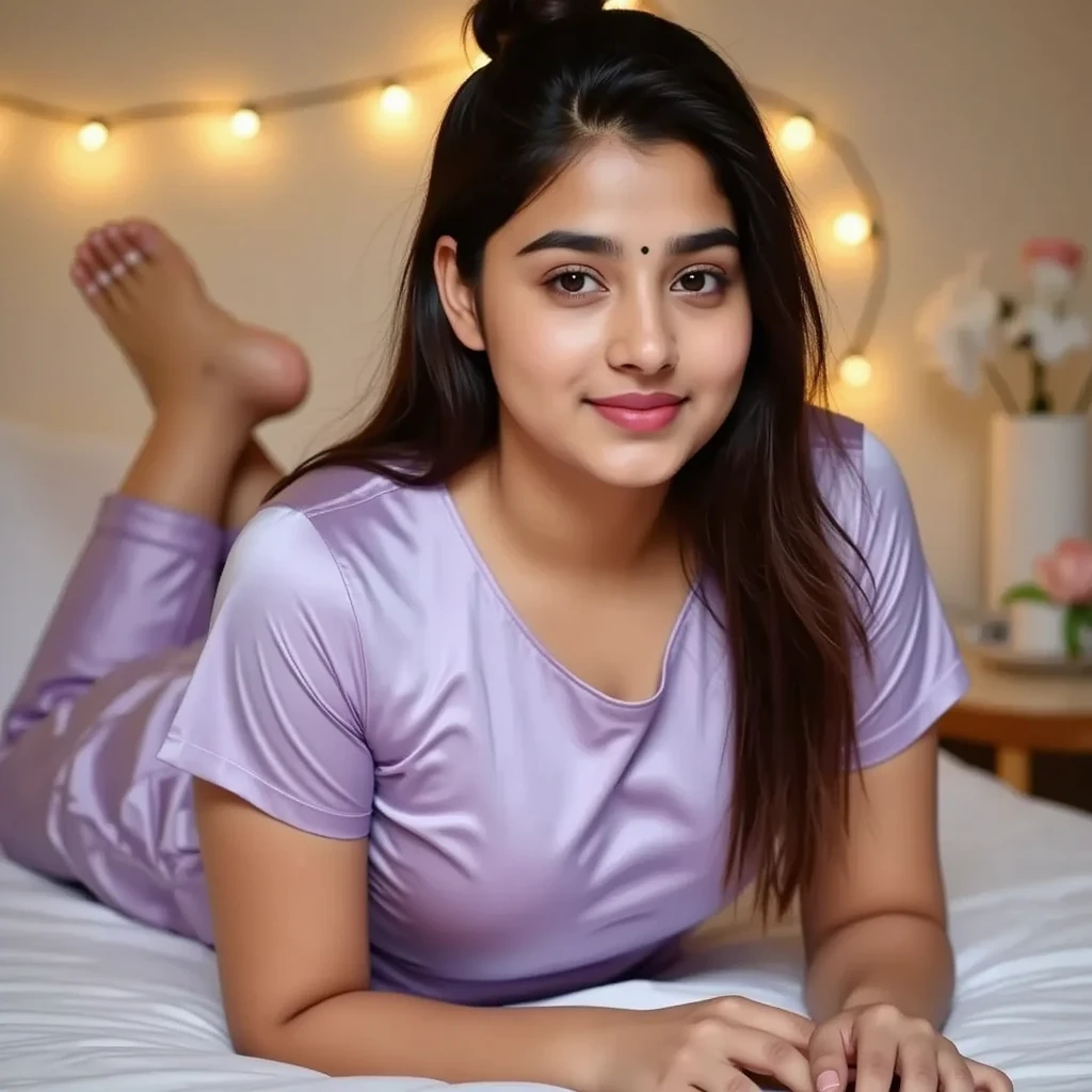Cute innocent girl 16 Year old Tamil fair skin colour curly black hair one pony sexy body full body smiling on bed wearing long pink t shirt and colourful pants same face different poses