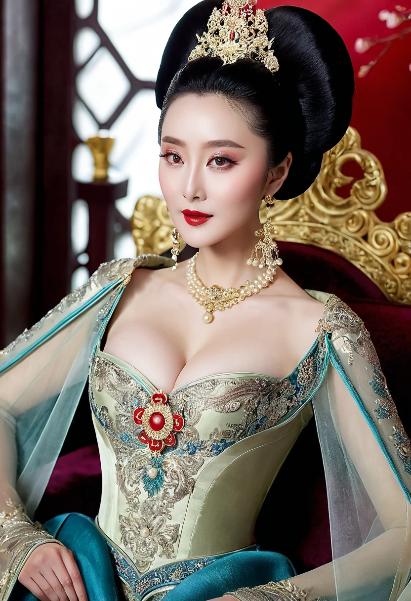 A lavish Empress from the Qing Dynasty era in China, seated on a large golden sofa, completely naked, with her large breasts and massive buttocks protruding as she faces away, her face visible.（Porn Pose） A gorgeous Chinese imperial empress with her hair tied on both sides and wearing a crown、Background of kinky and erotic woman tying her hair、The story is set in the luxurious rooms of an empress in the Chinese imperial court during the Qing dynasty.。