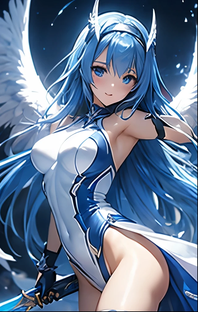 (((SFW、Highest quality、 first class masterpiece 、 Normal Body 、32k、 Detailed Faces 、super precise、 normal hand、5refer to、Highest)))Kamiki Exile、pretty girl、Blue and silver hair、Glowing Hair 、long hair、headband、beautiful breasts、slender、 slim、Petite、 can be used、Blue and White Hi-Leg Leotard Armor、Side skirt armor、Holy Sword、Two Pairs of Angel Wings、Smile、Gliding、Hissatsu Sword: Horn Banisher