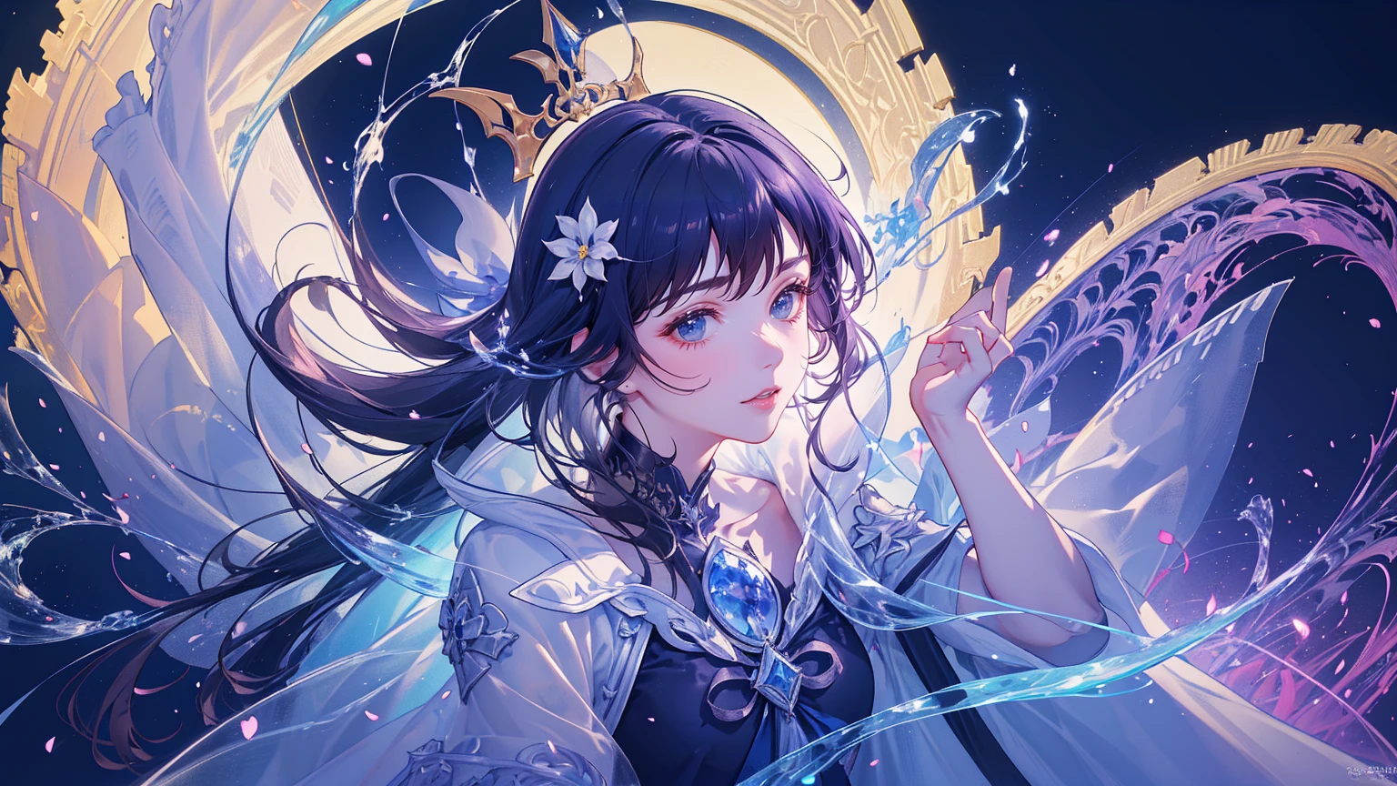 (((highest quality))),masterpiece,1 woman,((the perfect person)),((Super beautiful woman)),detailed perfect face,chubby asian owman with blue wizard robes, long black hair, and a magic wand. older woman