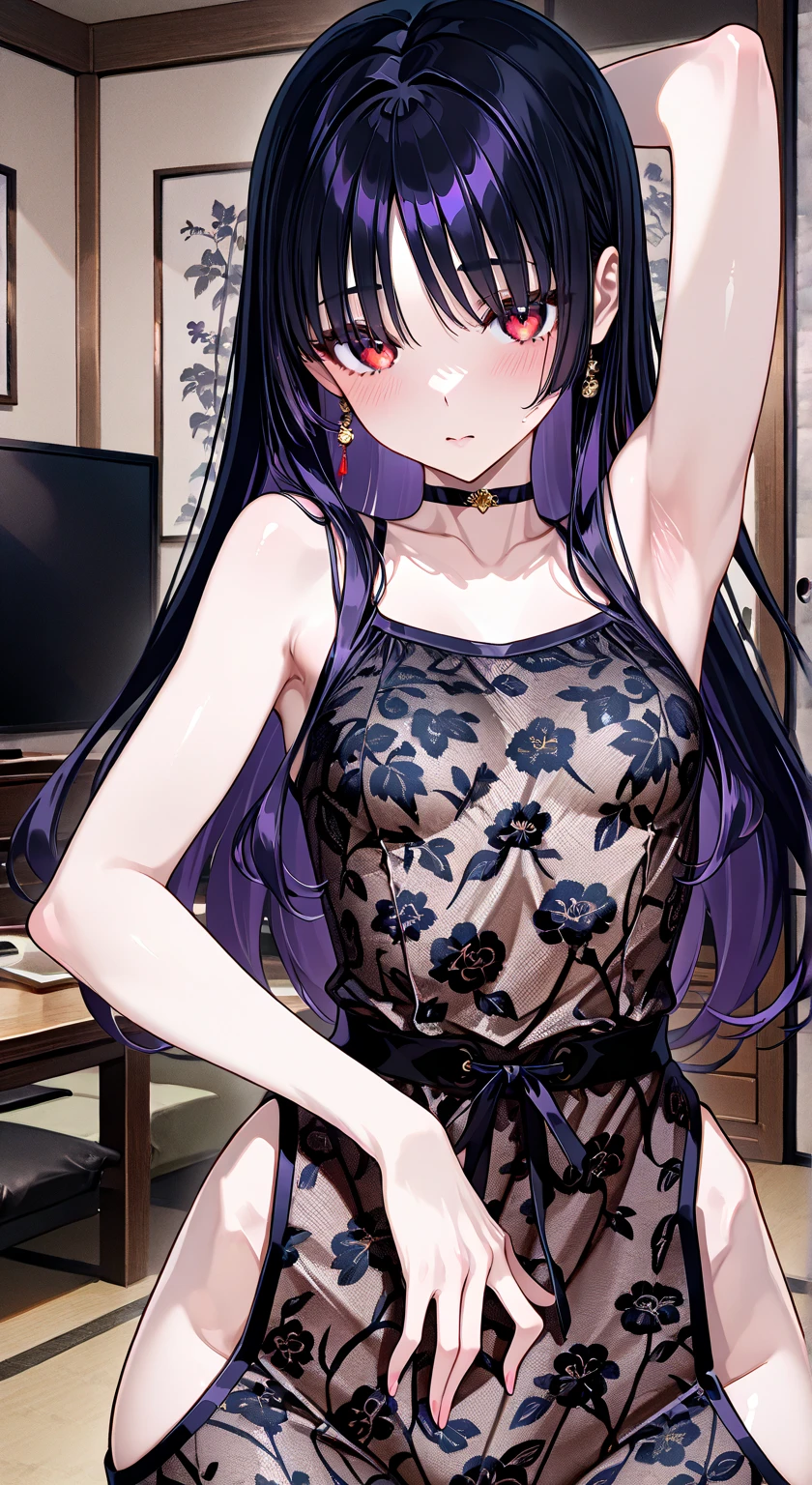 Optimal,masterpiece,High resolution,highest quality,hyper hd,Super detailed,award-winning,16k,alone,(cowboy shot)、cute face,,black hair、long hair、twin tails、 hair line,((scarlet eyes)),long eyelashes,drooping corners of the eyes,Are standing、open your legs、thin legs、white skin,((shoot from the side)), ((See-through camisole:1.5)), ((transparent nipples))、rocket , ((big breasts:1.2)),