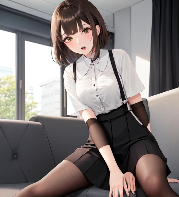 Old woman, Little smile, red eyes, Brown hair, black boots, short black skirt, short sleeve white shirt, black gloves.