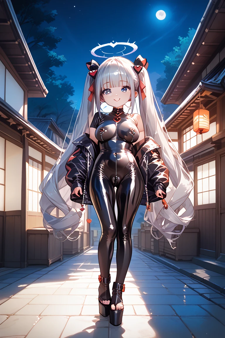 A woman wearing a black dress long , long silver hair, red bangs, pigtails, orange eyes, smiling, iron cross necklace around her neck, walking on a sidewalk in a traditional German city, forest background, full body, large breasts,Surrealism, drop shadow, anaglyph, stereogram, tachi-e, pov, atmospheric perspective, 8k, super detail, ccurate, best quality, award winning, textured skin, highres, anatomically correct, (woman solo)