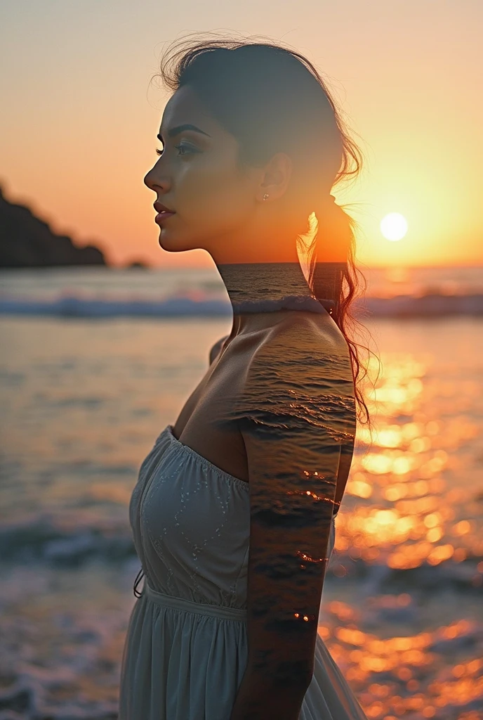 High Quality, 8K ultra HD, Una hermosa double exposure que combina una silueta de diosa con la costa al atardecer, the coast at sunset must serve as a backdrop, with its details incorporated into the goddess, sharp lines, The background is monochrome, sharp focus, double exposure, By Yukisakura, awesome full color