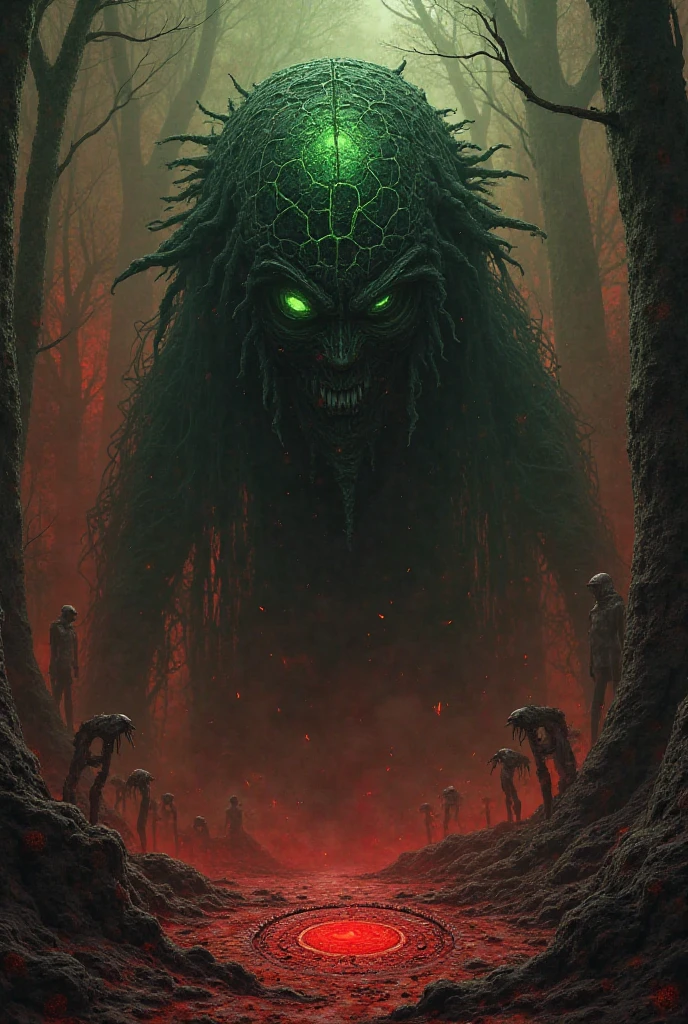 Alien Demon emitting a soft red glow looks at his own image on the surface of a reflective space craft, on the side a swamp with amorphous creatures surrounded by a circumfusion of dark green viscosity , highly detailed.