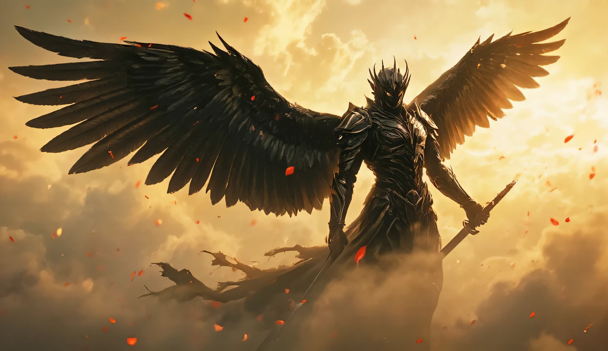Black-winged mechanical angel、 dark armor , high resolution, Photographic Reality,  Detailed Description , professional, dramatic lighting, Mysterious Atmosphere, gorgeous colors, light effect, Metallic Texture, 3d rendering、 Destroyed Cities、Rose petals dance in the sky、He holds a beautiful slender black longsword in one hand、Yellow Sky、Thick Clouds、Light shining through clouds、Write a lot