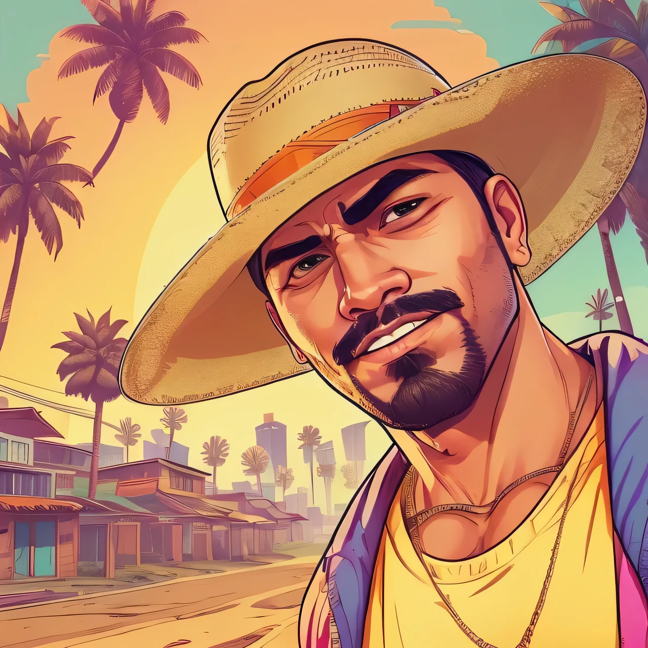 arafed man wearing a straw hat in a shop, caio santos, wearing sombrero, wearing straw hat, icaro carvalho, profile image, carmelo blandino, avatar image, profile picture 1024px, headshot profile picture, profile pic, david rios ferreira, with straw hat, wearing a travel hat, straw hat, sombreroGTA-style artwork ,(young people:1.5)Illustration, digital art, (GTA style:1.5),Art style of GTA, Art GTA bright colors, (cartoon style:1.2),(hyperdetail:1.15), glamorous style, best quality, holistic, high detail, serious,against a large metropolis, ((neon lighting)), ((Cyberpunk)),soft light,satirical,exaggerated,pop artstyle,vibrant colors,iconic characters,action-packed,((The background is an orange red city:1)),sun, coconut trees