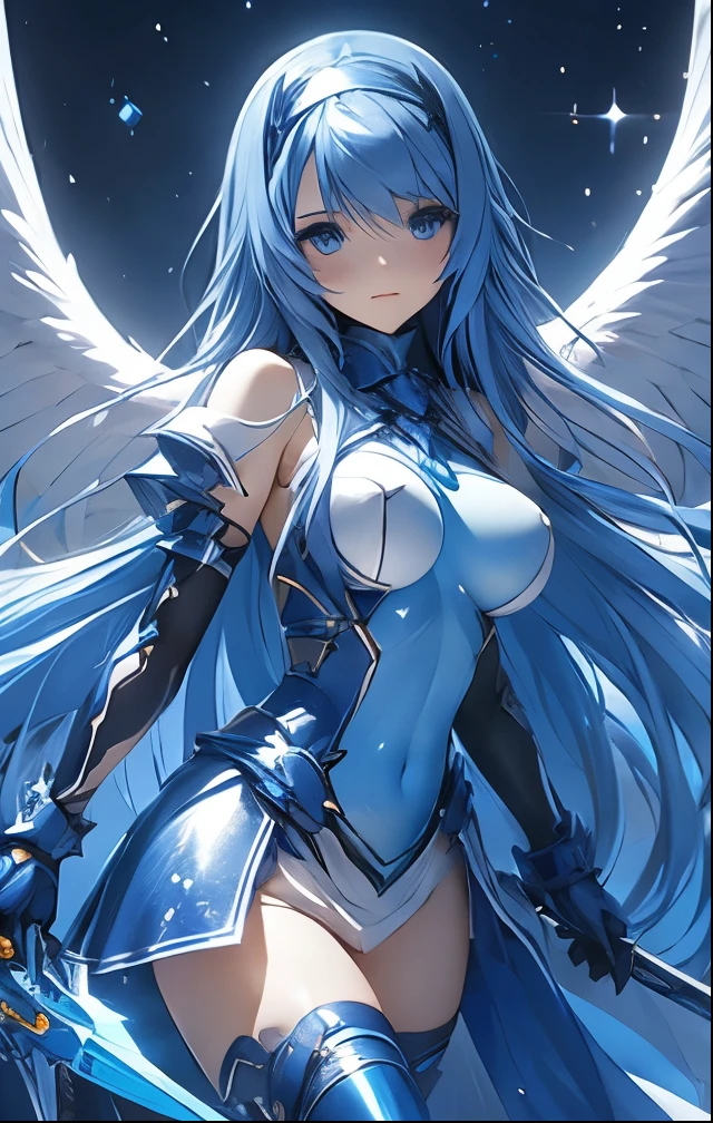 (((SFW、Highest quality、 first class masterpiece 、 Normal Body 、32k、 Detailed Faces 、super precise、 normal hand、5refer to、Highest)))Kamiki Exile、pretty girl、Blue and silver hair、Glowing Hair 、long hair、headband、beautiful breasts、slender、 slim、Petite、 can be used、Blue and White Super Hi-Leg Leotard Armor、side skirt armor、Holy Sword、Two Pairs of Angel Wings、Smile、Gliding、Hissatsu Horn Banisher