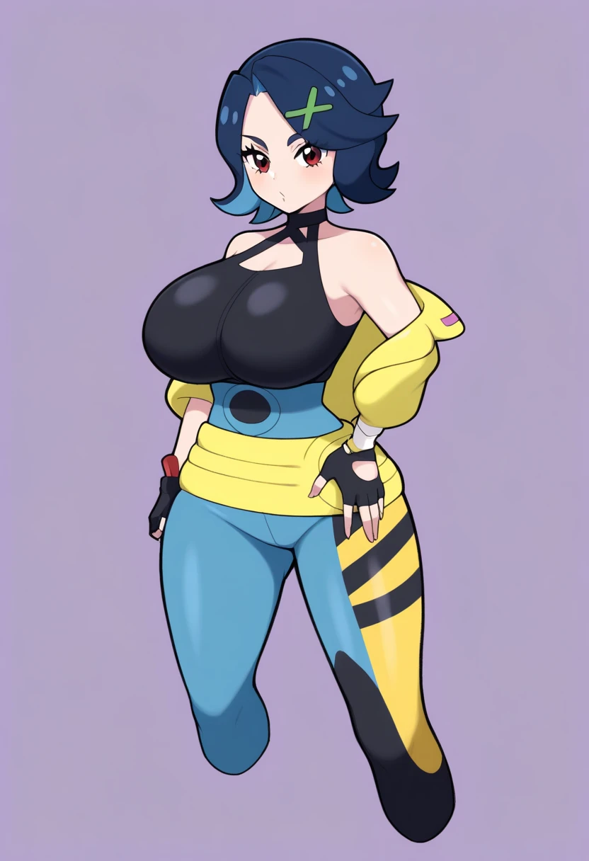 bsbea, solo, adult, (dark eyes), smile, yellow jumpsuit, shorts, purple belt, Purple Long Stockings, orange hair, (zipper tab), Freckles, (hands on hip), Purple sleves, helmet upper body, (detail eyes:1.1), (gigantic breasts), (wide hips), Bedroom, Lying on the table, ceiling, BREAK Wallpaper Unity 8K, (illustartion:0.8), extremely detailed face, perfect lighting, extremely detailed CGI