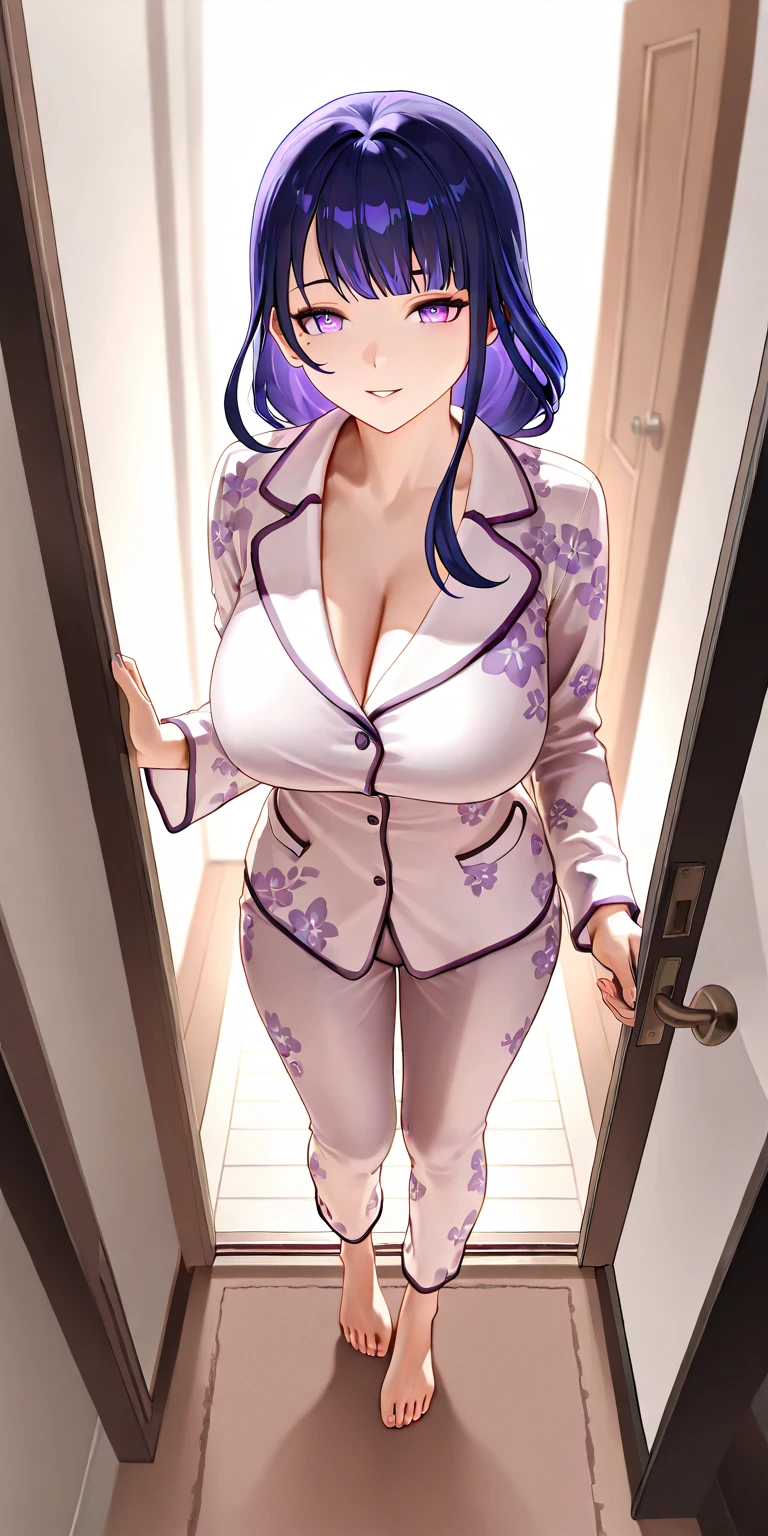 1girl, shion \(tensei shitara slime datta ken\), tensei shitara slime datta ken,One black horn growing out of the forehead,purple hair,pony tail,purple blazer,green collar,longsleeve,cleavage,purple pants suit,room,smile,confident,masterpiece, best quality, absurdres,
