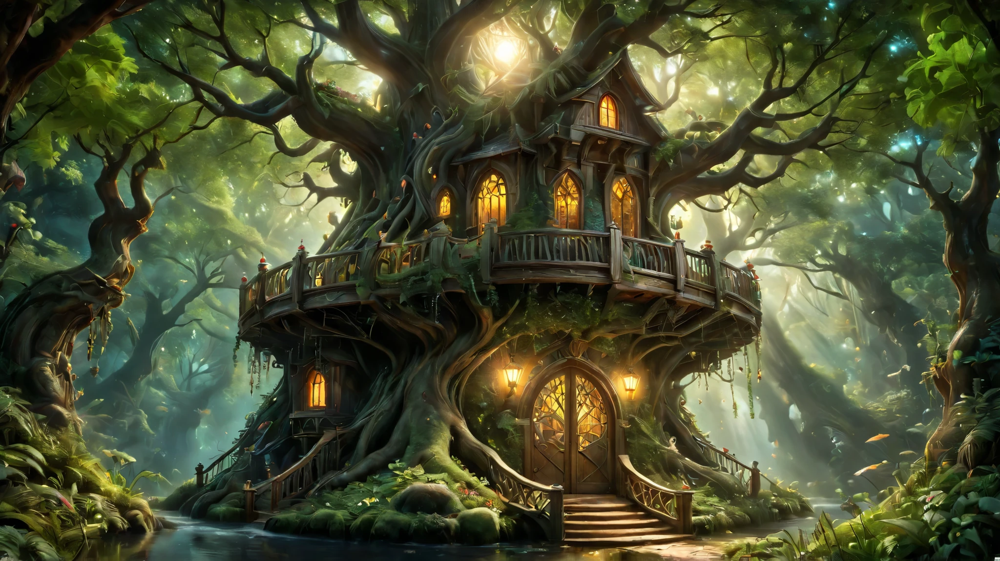 A strange and enchanted treehouse filled with light and seamlessly molded into the tree, as if it were a part of it. Vibrant colors, perfect and realistic details. (best quality,ultra-detailed,photorealistic:1.37), colorful, magical, dreamlike, carefully blended with nature, illuminated by sunlight streaming through the leaves, surrounded by lush foliage, cozy and inviting atmosphere, delightful and whimsical, a hidden treasure in the forest, adorned with delicate flowers and intricate vines, adorned with twinkling fairy lights, a secret sanctuary in the treetops, enchanting and captivating, harmonious integration of architecture and nature, a haven of tranquility and serenity.
