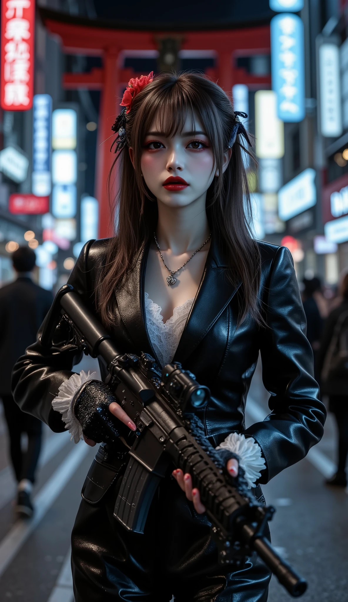 [Style: - "8k, masterpiece, realistic, Photorealistic realism, Hyper high resolution" - "highest quality, intricate ultra-detailed digital art"] (Key Directive: - "The priority is the anatomical accuracy and texture of the materials" - "Ultra-sharp human eyes with biological accuracy") {Character: "a beautiful girl opy
masterpiece, realistic, Photorealistic realism, Hyper high resolution, (Hyper insanel quality, absurd, ultra detailed digital art), focus on extremely Realistic Proportion Body, "Portrait of a 1 woman, 20yo {wearing a extremely detailed [ leather tanktop| (white, short, tight)], [((long, leather pants), lace-upp | (black ((tight)))] night walk (streets of Tokyo) night, neon lights. hold with both hands, one machine gun [(M16A4 assault rifle, Stat Track) ((Pull the trigger with your index finger:1.2, Laser beam:0.7, Flamethrower:0.7, Looks like fire:0.6)) | ((Painted Japanese dragon)) | ((firm and full breasts:1.4))]" | Face: "full lips, red lipstick, intense gaze" | Eyes: - "((sharp focus, no blurry eyes, Hyper absurd quality, Hyper details, Hyper realistic brown eyes:1.4))" - "((extra narrow eyebrows))" - "(Carefully draw Long blue_mascara:1.2)" - "(perfect round eyes)" | Hair: "long hair, dark hair, curls at the ends of the hair, hair above one eye,((long combed to the side))" | Pose: "elegant pose" Outfit: [Top: "modest office suit {black,elegant,leather}, (shiny accessories)" | ["lace ((white undershirt))"] | [Shoes: "high heels"]  Environment: "((Mt. Fuji tori))" Lighting: "studio lighting, monochromatic, striking contrast, dramatic shadows" (Rendering engine: "Unreal Engine 5 path tracing, 16K texture maps") | The ultra-Highres,Unreal 5,Subsurface scattering,PBR Texturing,Post-Processing,Anisotropic Filtering,depth of fields,Maximum Sharpness and Sharpness,multi-layered texture,Albedo and Specular maps,Surface Shading,Precise simulation of light-material interactions,perfectly proportions,Octane rendering
