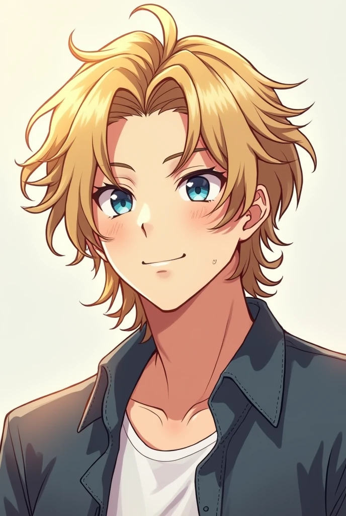 solo, anime drawing of a man with blond hair and blue eyes, natural thin clear anime lines, Another pose looking at the film , Light Curly Hair , Medium long hair , Anime portrait of a handsome traia guy, male anime style, smiling face softly, good looking, manhwa styles