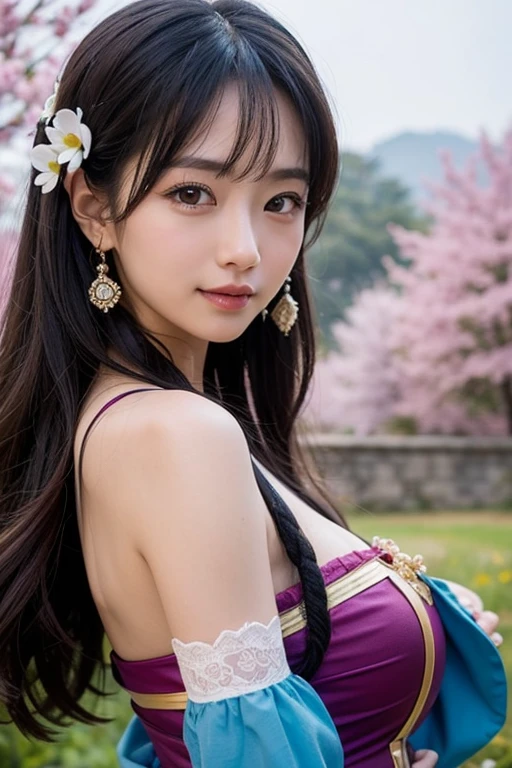 (masterpiece:1.4), (best quality:1.4), ultra high res, ultra high resolution, ((ultra detailed facial features)), HDR, (realistic, photorealistic, photo-realistic:1.37), full body Esbian, sexy Thai model, (-anime), only 1 model, vivid colors, ((vivid colors multicolor (pink, fuchsia, pink, red, purple) very short hair)), (happy smile), ultra detailed metallic makeup, lip-gloss, long lashes, defined eyebrows, wearing large sparkling colorful jewelery, wearing a red silk Paradise Kiss cosplay dress with black floral embroidery, ((vivid colors outfit)), vivid colors, look at the camera, cinematic light, large park background with trees, sweet and sexy pose