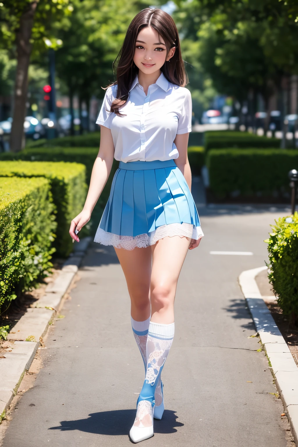 ((masterpiece, best quality)),extremely_detailed_wallpaper, illustration,1girl,(girl:1),standing, solo, (fullbody),(((girl stand in front of car))),sidelocks, aqua eyes,beautiful detailed sky,spring,seaside,aqua water,green trees,outdoors, long hair, black hair, black car, Pleated skirt, sunset:1.2, focus on car, school uniform,