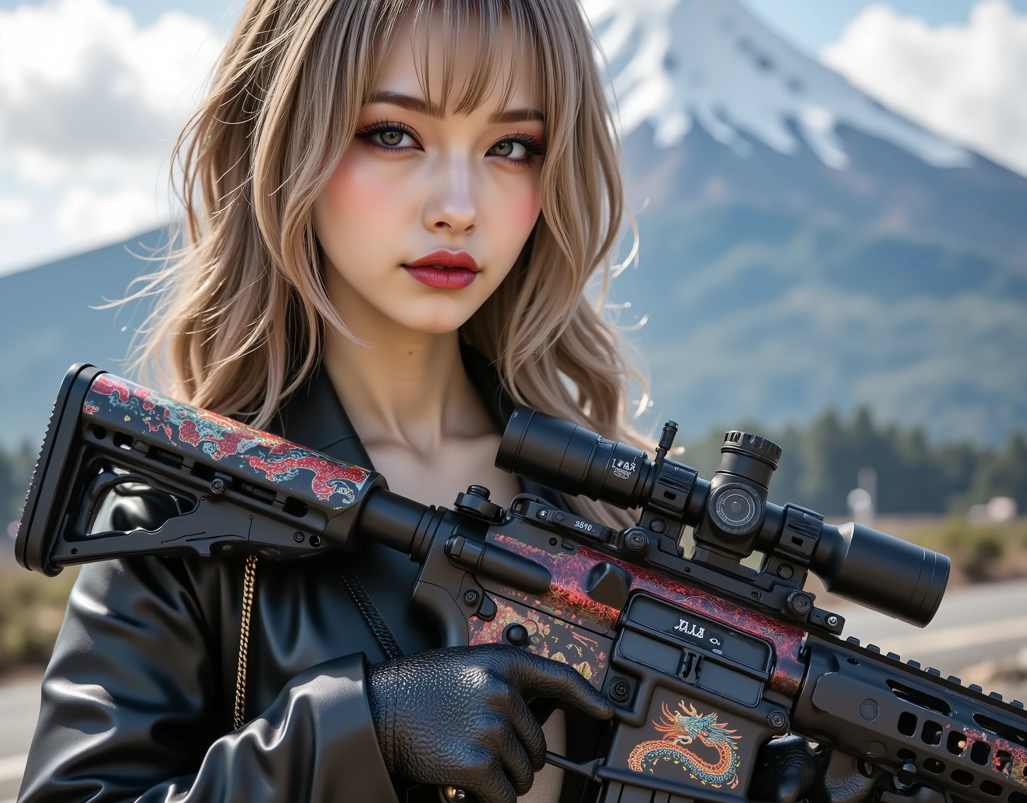 [Style: - "8k, masterpiece, realistic, Photorealistic realism, Hyper high resolution" - "highest quality, intricate ultra-detailed digital art"] (Key Directive: - "The priority is the anatomical accuracy and texture of the materials" - "Ultra-sharp human eyes with biological accuracy") {Character: "a beautiful girl hold with both hands, one machine gun [(M16A4 assault rifle, Stat Track) ((Pull the trigger with your index finger:1.2, Laser beam:0.7, Flamethrower:0.7, Looks like fire:0.6)) ((Painted Japanese dragon))" | "((firm and full breasts:1.4))]" | Face: "full lips, red lipstick, intense gaze" | Eyes: - "((sharp focus, no blurry eyes, Hyper absurd quality, Hyper details, Hyper realistic brown eyes:1.4))" - "((extra narrow eyebrows))" - "(Carefully draw Long blue_mascara:1.2)" - "(perfect round eyes)" | Hair: "long hair, blonde hair, curls at the ends of the hair, hair above one eye,((long combed to the side))" | Pose: "elegant pose" Outfit: [Top: "modest office suit {black,elegant,leather}, (shiny accessories)" | " white undershirt(lace)"] | [Shoes: "high heels"]  Environment: "((Mt. Fuji tori))" Lighting: "studio lighting, monochromatic, striking contrast, dramatic shadows" (Rendering engine: "Unreal Engine 5 path tracing, 16K texture maps") | The ultra-Highres,Unreal 5,Subsurface scattering,PBR Texturing,Post-Processing,Anisotropic Filtering,depth of fields,Maximum Sharpness and Sharpness,multi-layered texture,Albedo and Specular maps,Surface Shading,Precise simulation of light-material interactions,perfectly proportions,Octane rendering