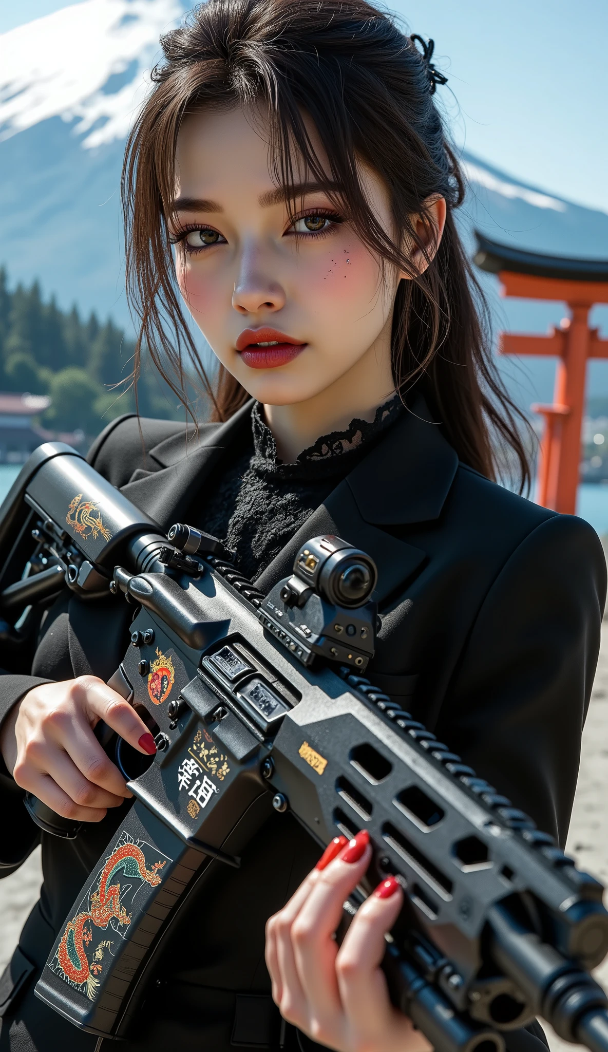 [Style: - "8k, masterpiece, realistic, Photorealistic realism, Hyper high resolution" - "highest quality, intricate ultra-detailed digital art"] (Key Directive: - "The priority is the anatomical accuracy and texture of the materials" - "Ultra-sharp human eyes with biological accuracy") {Character: "a beautiful girl hold with both hands, one machine gun [(M16A4 assault rifle, Stat Track) ((Pull the trigger with your index finger:1.2, Laser beam:0.7, Flamethrower:0.7, Looks like fire:0.6)) ((Painted Japanese dragon))" | "((firm and full breasts:1.4))]" | Face: "full lips, red lipstick, intense gaze" | Eyes: - "((sharp focus, no blurry eyes, Hyper absurd quality, Hyper details, Hyper realistic brown eyes:1.4))" - "((extra narrow eyebrows))" - "(Carefully draw Long blue_mascara:1.2)" - "(perfect round eyes)" | Hair: "long hair, dark hair, curls at the ends of the hair, hair above one eye,((long combed to the side))" | Pose: "elegant pose" Outfit: [Top: "modest office suit {black,elegant,leather}, (shiny accessories)" | ["lace ((white undershirt))"] | [Shoes: "high heels"]  Environment: "((Mt. Fuji tori))" Lighting: "studio lighting, monochromatic, striking contrast, dramatic shadows" (Rendering engine: "Unreal Engine 5 path tracing, 16K texture maps") | The ultra-Highres,Unreal 5,Subsurface scattering,PBR Texturing,Post-Processing,Anisotropic Filtering,depth of fields,Maximum Sharpness and Sharpness,multi-layered texture,Albedo and Specular maps,Surface Shading,Precise simulation of light-material interactions,perfectly proportions,Octane rendering